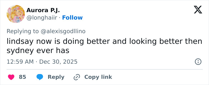 Tweet text comparing Sydney Sweeney and Lindsay Lohan, sparking heated reactions online about their looks and success.