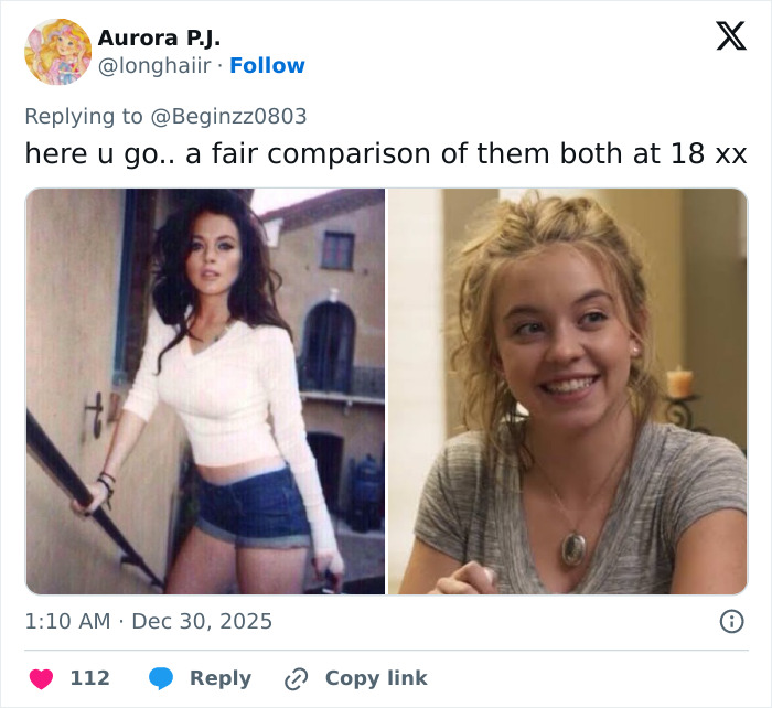 Side-by-side image comparing Sydney Sweeney and Lindsay Lohan at age 18, highlighting celebrity comparison reactions.
