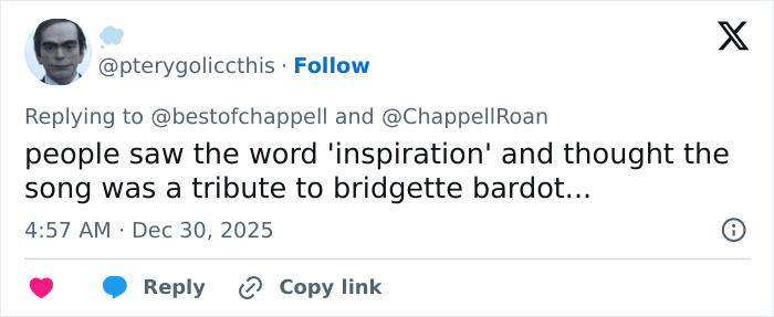 Tweet criticizing Chappell Roan for referencing Brigitte Bardot, sparking backlash and discussion about inspiration and tribute.