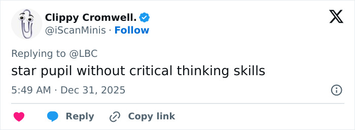 Tweet by Clippy Cromwell with an avatar, stating star pupil without critical thinking skills, about schoolboy lost life Squid Game prank. Tweet by Clippy Cromwell with an avatar, stating star pupil without critical thinking skills, about schoolboy lost life Squid Game prank.
