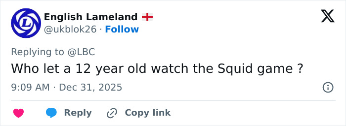 Tweet questioning who allowed a 12-year-old schoolboy to watch Squid Game amid investigation into prank incident. Tweet questioning who allowed a 12-year-old schoolboy to watch Squid Game amid investigation into prank incident.