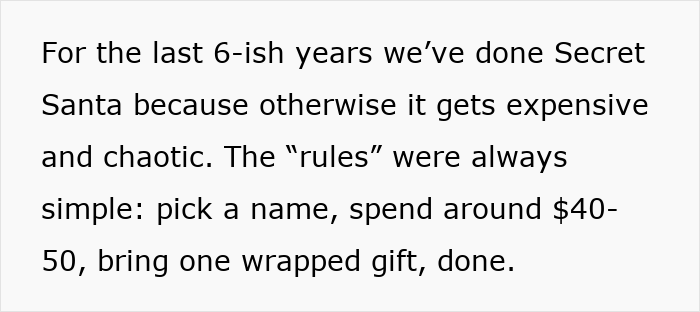 Text excerpt about a Secret Santa tradition changing due to a sister turning it into a luxe shopping list.