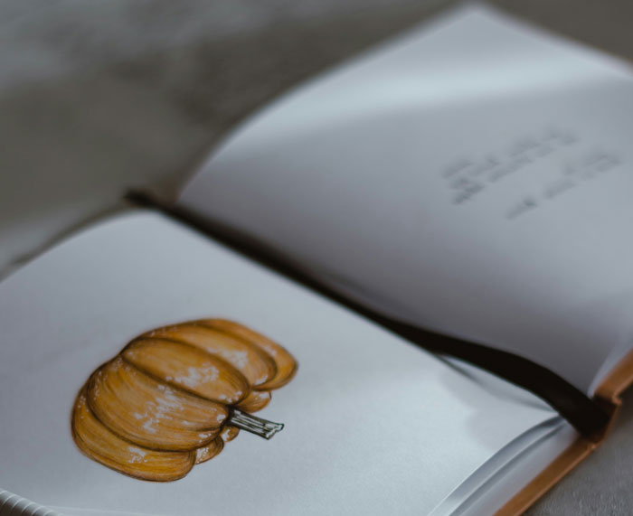 Open sketchbook showing a detailed drawing of an orange pumpkin, emphasizing creative white elephant gifts.