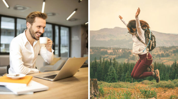 Split image showing a man in casual wear drinking coffee indoors and a woman in casual wear jumping outdoors, highlighting school uniforms vs. casual wear.