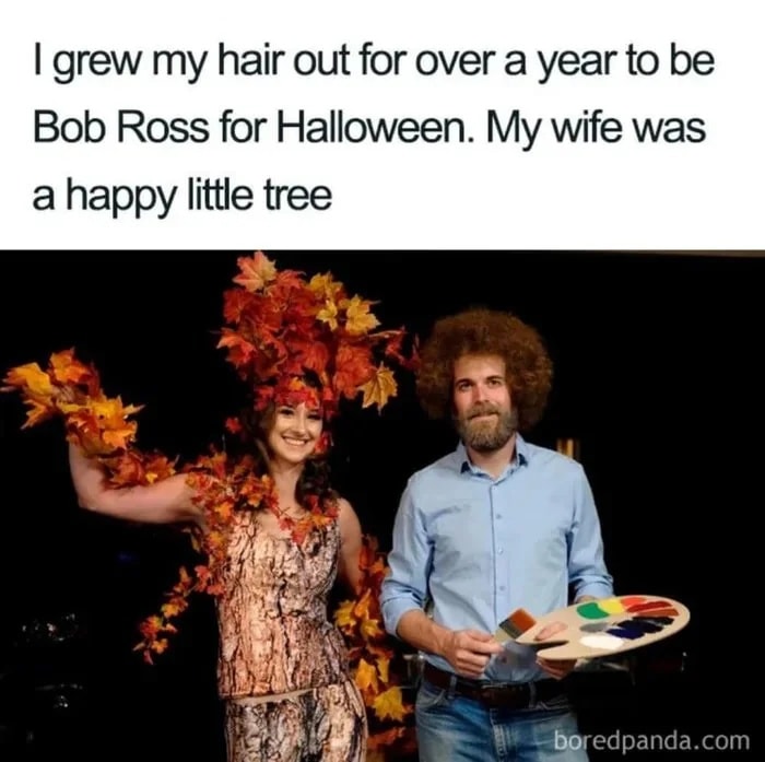 Couple dressed in creative Halloween costumes with Bob Ross and a happy little tree, perfect sweet wholesome pics.