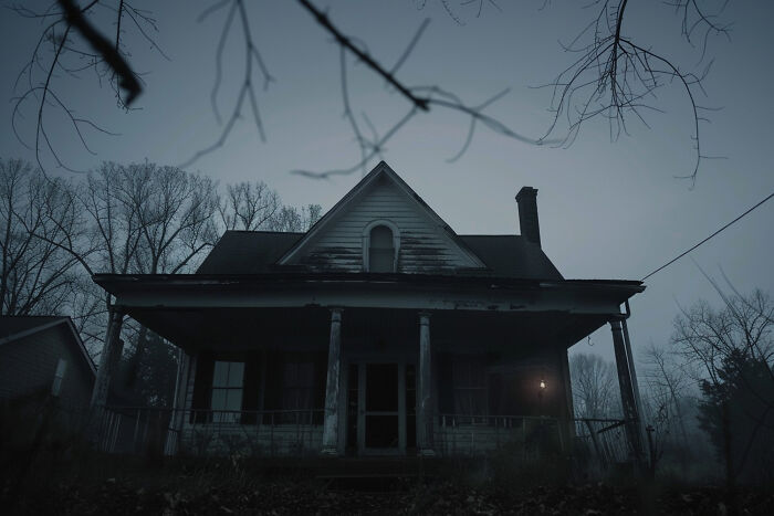 Old eerie house at dusk with a dim light glowing inside, evoking bizarre neighbor window sightings.