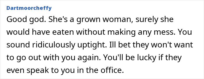 Comment text from user dartmoorcheffy about a woman not giving in to social pressure from coworkers in an office setting.