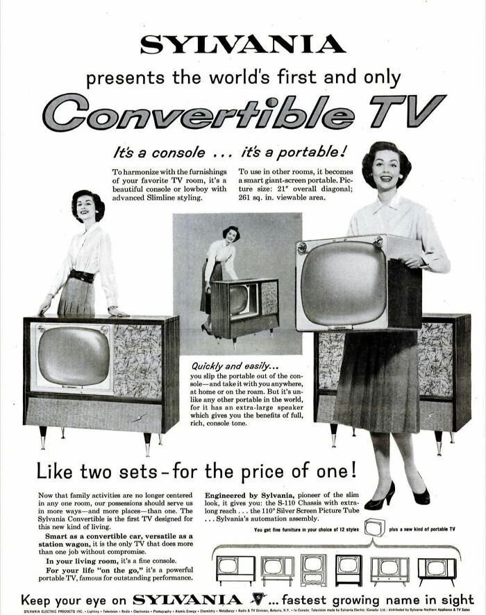 Vintage ad showcasing Sylvania convertible TV, highlighting innovative portable and console marketing from the past.