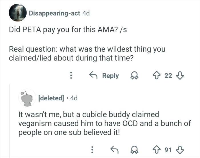 Screenshot of a Reddit conversation where an ex-employee discusses claims discrediting veganism and online reactions.