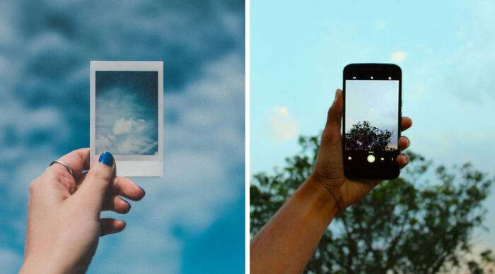 Hand holding a polaroid and another hand holding a smartphone, contrasting casual wear imagery for school uniforms vs casual wear debate.