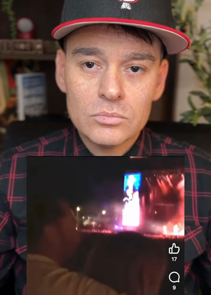 Man in a red and black hat and shirt sharing mass shooting survival tips with a blurred concert scene in a video overlay. Man in a red and black hat and shirt sharing mass shooting survival tips with a blurred concert scene in a video overlay.