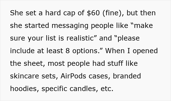 Alt text: Woman drops out of family Secret Santa after sister turns gift list into a luxe shopping wishlist with high-end items.