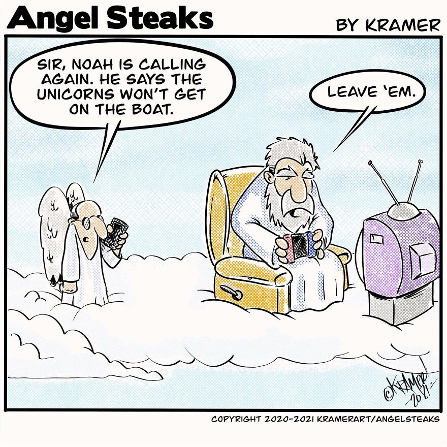 Cartoon featuring God from Kramer’s Angel Steaks series with angel and humorous dialogue about Noah and unicorns.