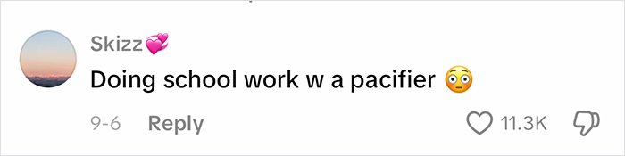 Comment on a viral homeschool clip showing a child doing school work with a pacifier, raising questions about parenting choices.