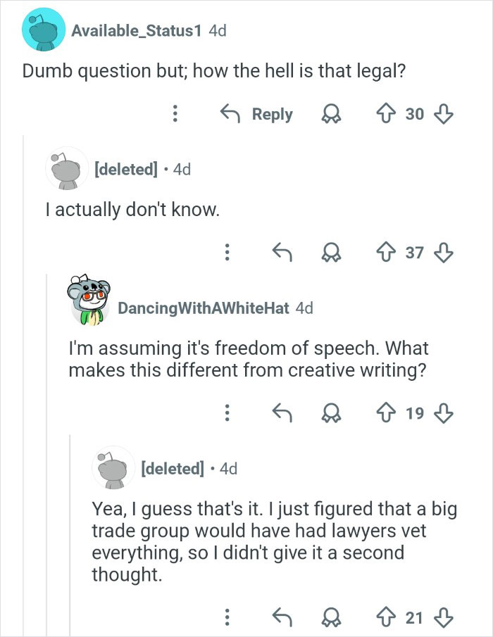 Online discussion thread with users debating legal and freedom of speech issues related to discrediting veganism content.