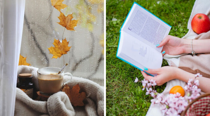 Cozy autumn scene with warm drink by rainy window contrasted with casual outdoor reading on grass highlighting school uniforms vs casual wear.