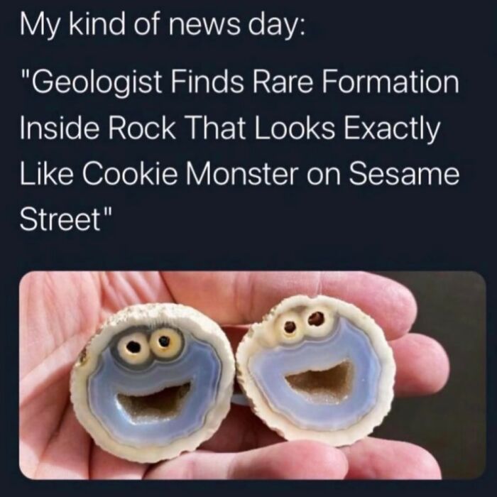 Hand holding two geode rock formations resembling Cookie Monster, a sweet and wholesome pic to cleanse your feed.