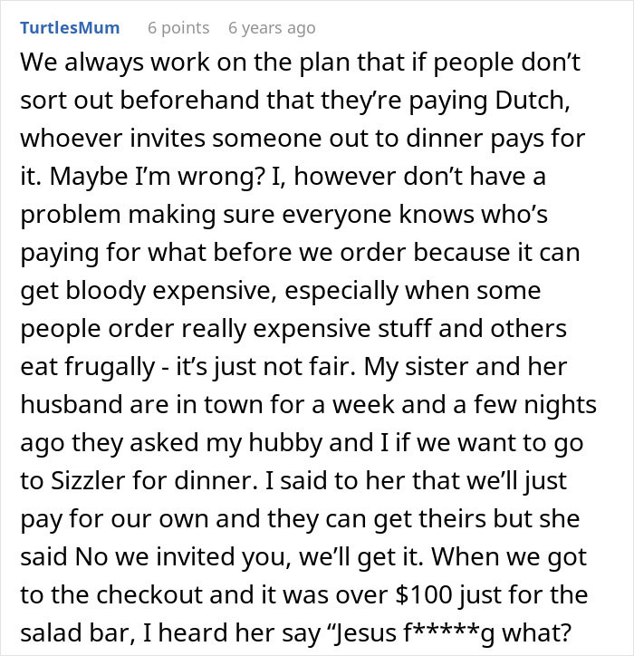 Text post discussing a brother making the bill pay dinner and the challenges of splitting costs fairly among family.