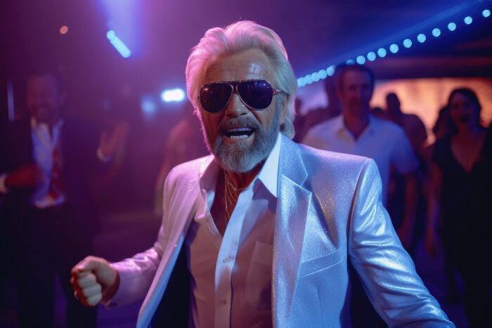 Older man in shiny silver jacket and sunglasses dancing confidently at a party, an embarrassing moment caught unexpectedly.