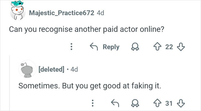 Reddit conversation discussing paid actors online, related to ex-employee who discredited veganism revealing key insights.