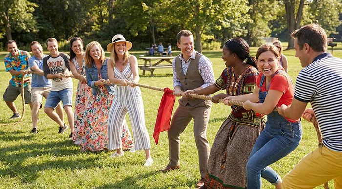 Group of diverse adults playing tug of war at a park, enjoying the best party game in a sunny outdoor setting.