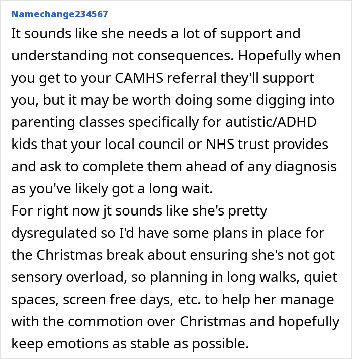 Comment suggesting support and understanding over punishment for managing a 7YO, related to Christmas gifts and parenting challenges.