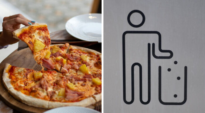 Left side shows a hand picking pizza slice, right side shows a trash bin symbol, illustrating school uniforms vs casual wear choices.