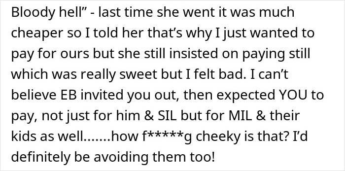 Text message conversation discussing a brother who makes the brother-in-law pay for dinner with extended family. Text message conversation discussing a brother who makes the brother-in-law pay for dinner with extended family.