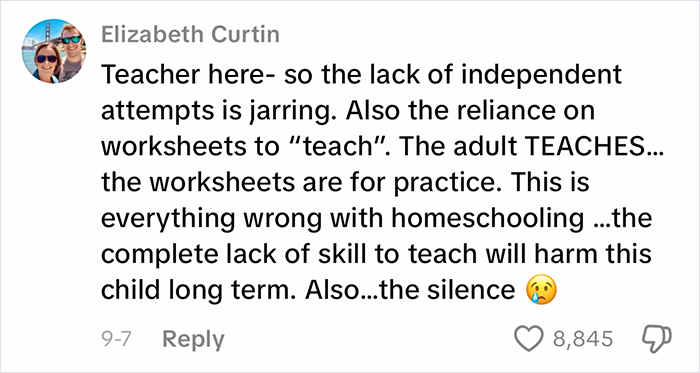 Comment from a teacher criticizing homeschooling methods in a viral clip, sparking debate over parenting choices.