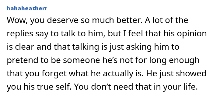 Comment expressing support for a woman who found secret texts of fiancé complaining about her appearance and wedding photos worries. Comment expressing support for a woman who found secret texts of fiancé complaining about her appearance and wedding photos worries.