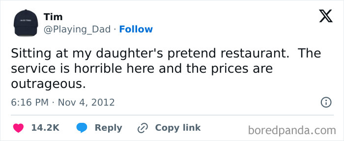 Tweet from a dad humorously complaining about the pretend restaurant service and prices, relatable parenting meme.
