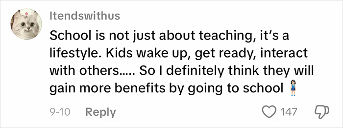 Comment about lifestyle and benefits of school sparks discussion in viral homeschool clip, raising questions on parenting choices.