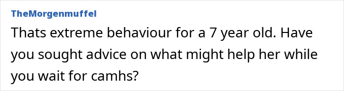 Comment on online forum discussing extreme behavior of 7-year-old and punishment without Christmas gifts debated.