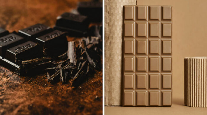 Split image showing dark and milk chocolate bars side by side, illustrating a casual comparison like school uniforms vs casual wear. Split image showing dark and milk chocolate bars side by side, illustrating a casual comparison like school uniforms vs casual wear.