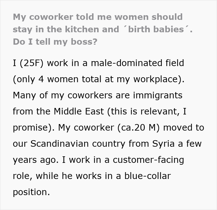 Text post about a coworker telling a woman to stay home and birth babies, causing conflict over reporting him.