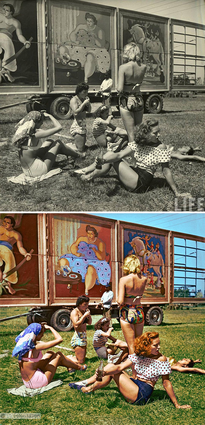 Group of young women relaxing outdoors near a painted trailer captured in original and artist colorized old photos.