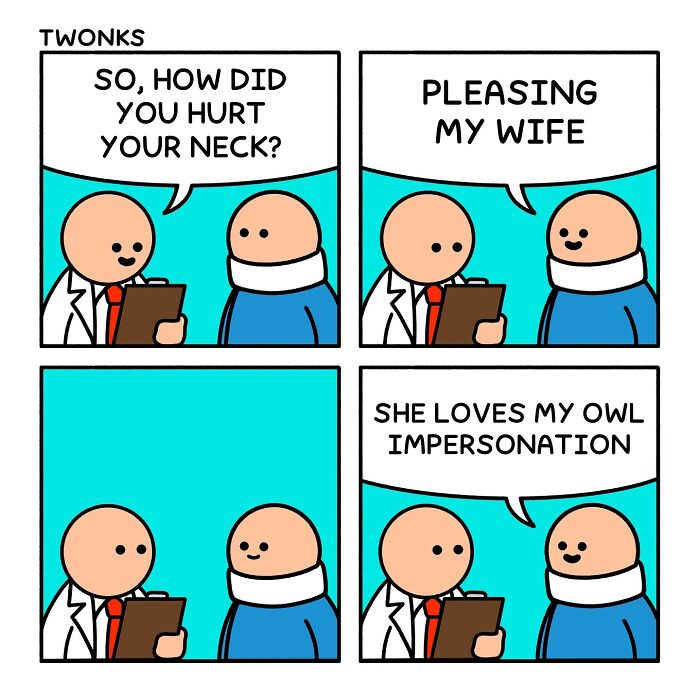 Comic illustration by artist showing a humorous conversation about a neck injury and an owl impersonation.