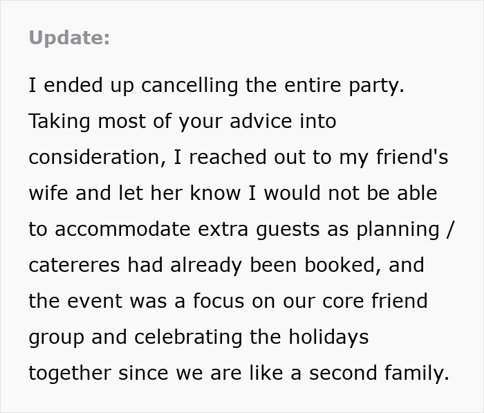 Text update from host explaining cancellation of Xmas party after friend’s wife invited random people to her house. Text update from host explaining cancellation of Xmas party after friend’s wife invited random people to her house.