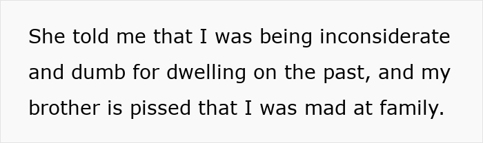 Text on white background stating someone was called inconsiderate and dumb for dwelling on the past after learning of groom cheating with bride’s mom. Text on white background stating someone was called inconsiderate and dumb for dwelling on the past after learning of groom cheating with bride’s mom.