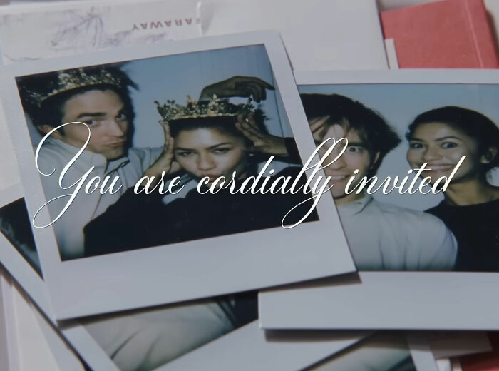 Polaroid photos of Robert Pattinson and Zendaya wearing crowns in a viral engagement-themed ad campaign.