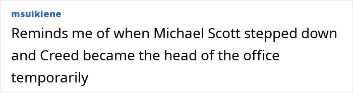 Comment about Michael Scott and Creed becoming temporary office head, referencing lawmaker’s cat consent for broadcaster head in Lithuania. Comment about Michael Scott and Creed becoming temporary office head, referencing lawmaker’s cat consent for broadcaster head in Lithuania.