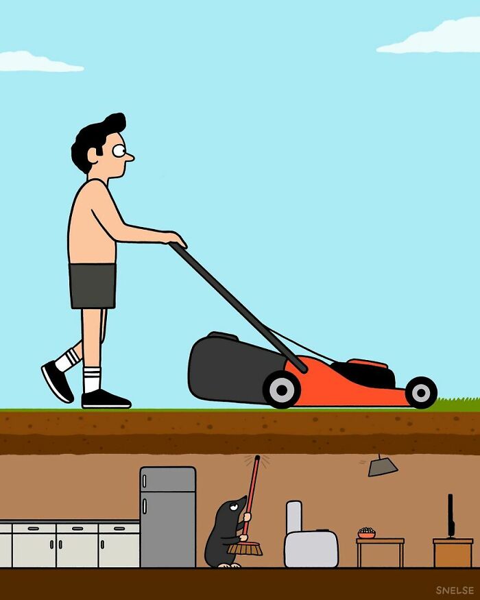 Illustration of a man mowing grass above ground while a mole sweeps a living room underground in a comic style.