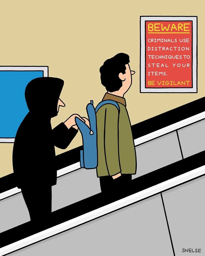 Comic illustration showing a pickpocket stealing a backpack on an escalator with a warning sign in the background.