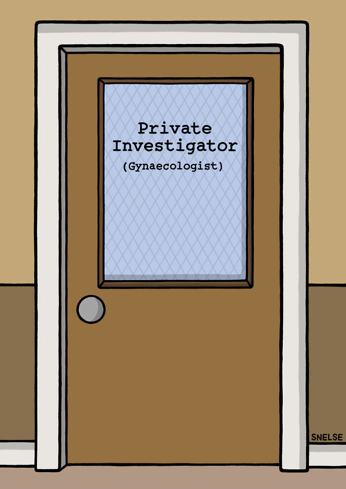 Cartoon illustration of a door labeled Private Investigator with Gynaecologist written below comic style humor.