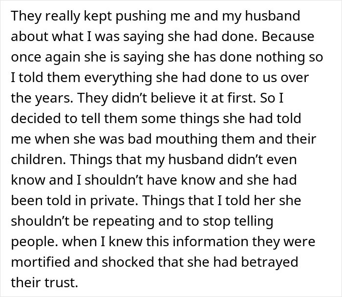 Text excerpt describing a woman revealing years of conflicts with her mother-in-law before taking out a restraining order.