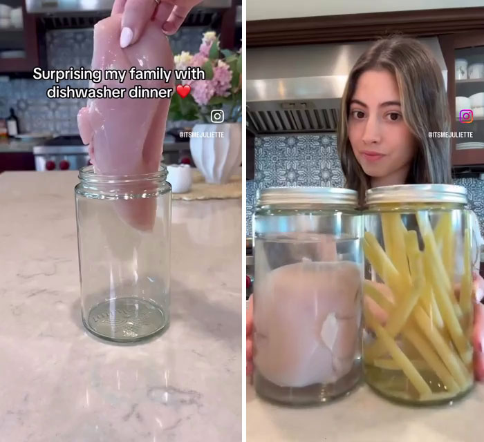 Person placing raw chicken in a jar and holding jars with chicken and fries to cook food in the dishwasher. Person placing raw chicken in a jar and holding jars with chicken and fries to cook food in the dishwasher.