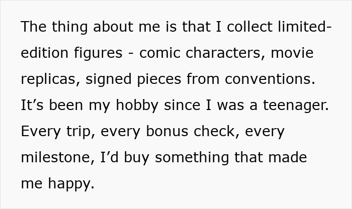 Text on a white background about collecting limited-edition figures as a hobby since teenage years, reflecting personal happiness.