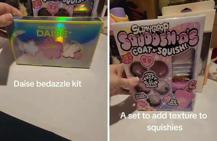 Christmas gift haul showing a Daise bedazzle kit and a texture set for squishies for daughter enjoyment.