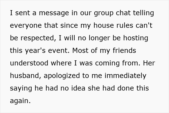 Text message about canceling Christmas event after friend&rsquo;s wife invited random people, discussing house rules and hosting.