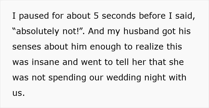 Text excerpt describing an uninvited guest treating a wedding night like a sleepover before being kicked out by the bride and groom.